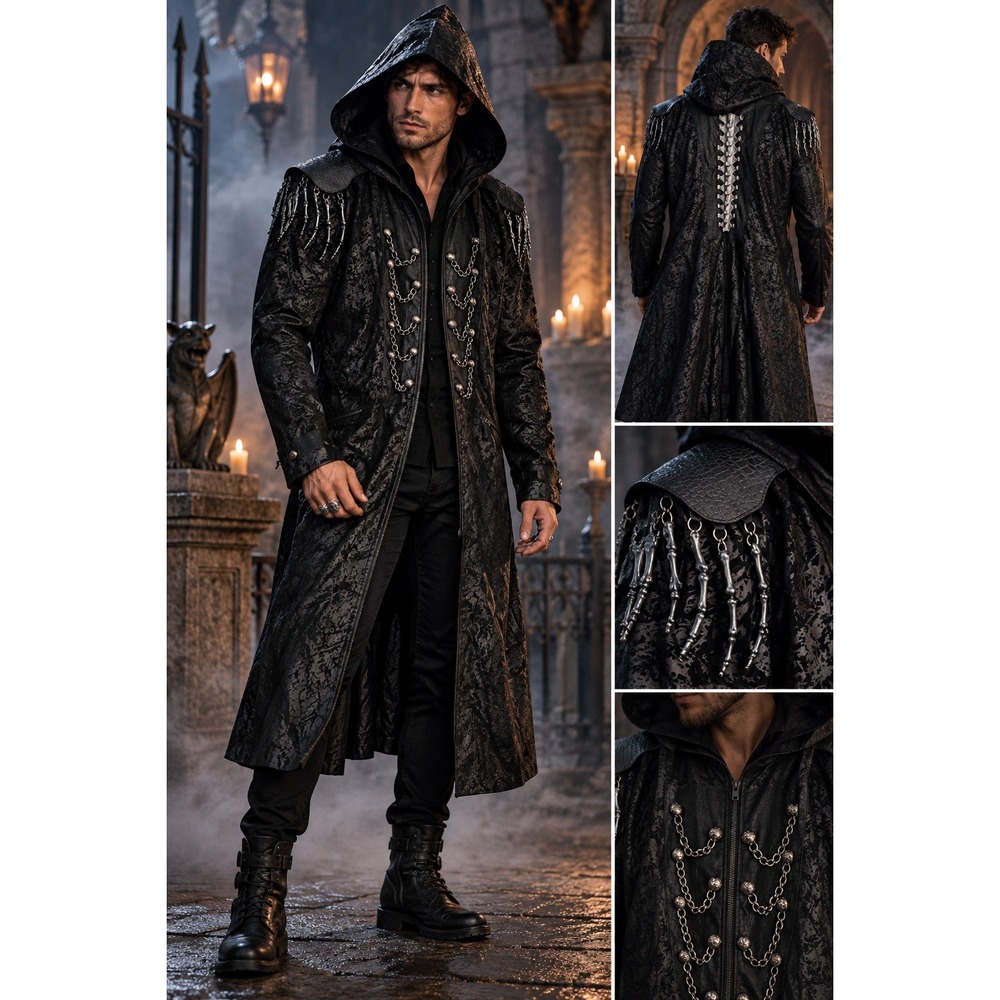 Spirit Halloween Trench Coat Size XXL Black Gothic Bone Chain Hooded Jacket